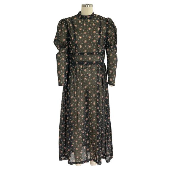 Vintage Black and Pink Floral Handmade Prairie Dress - Picture 1 of 8